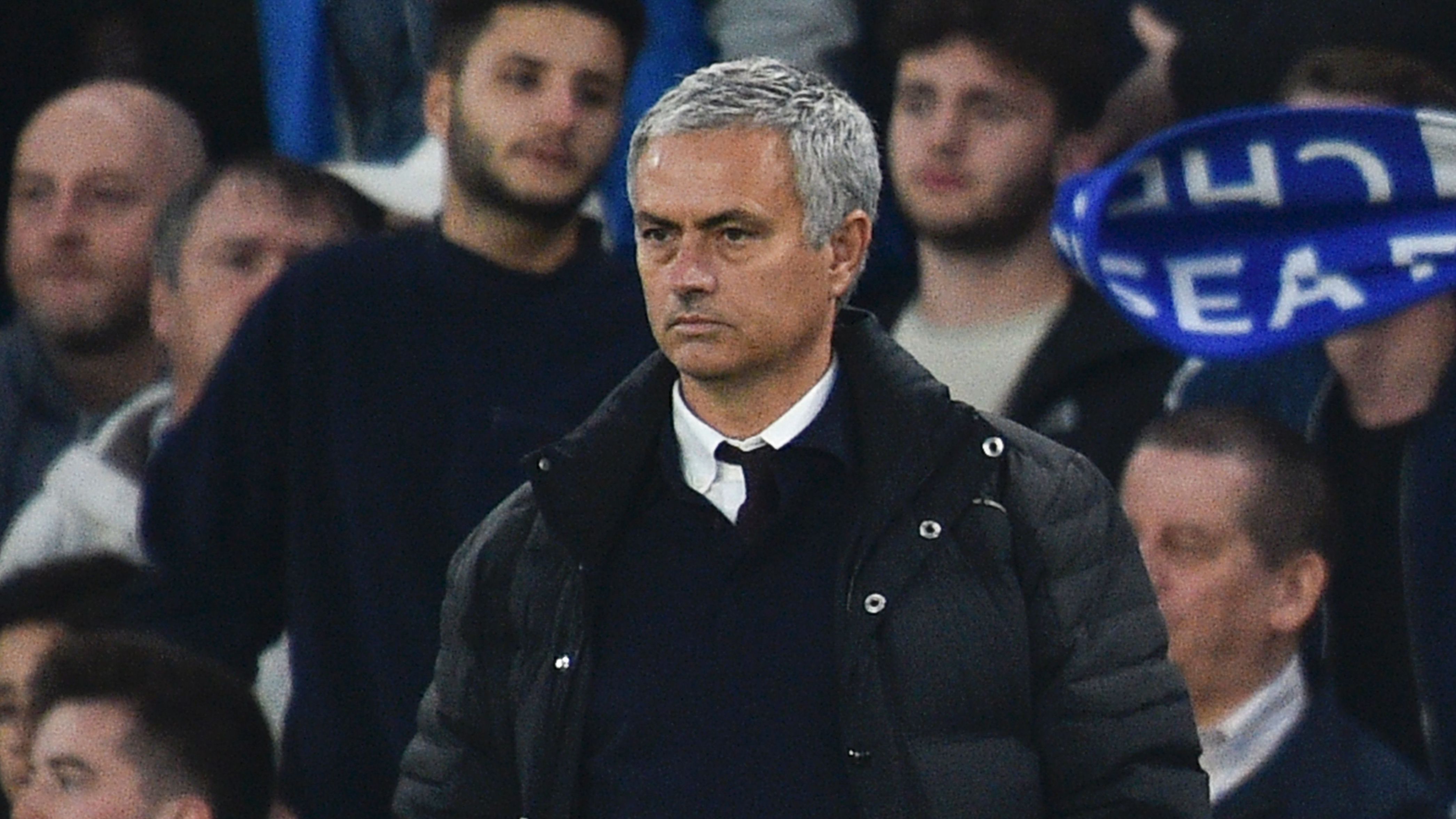 A miserable Jose Mourinho watches on as his side slipped to a 4-0 defeat to his former club Chelsea at Stamford Bridge.
