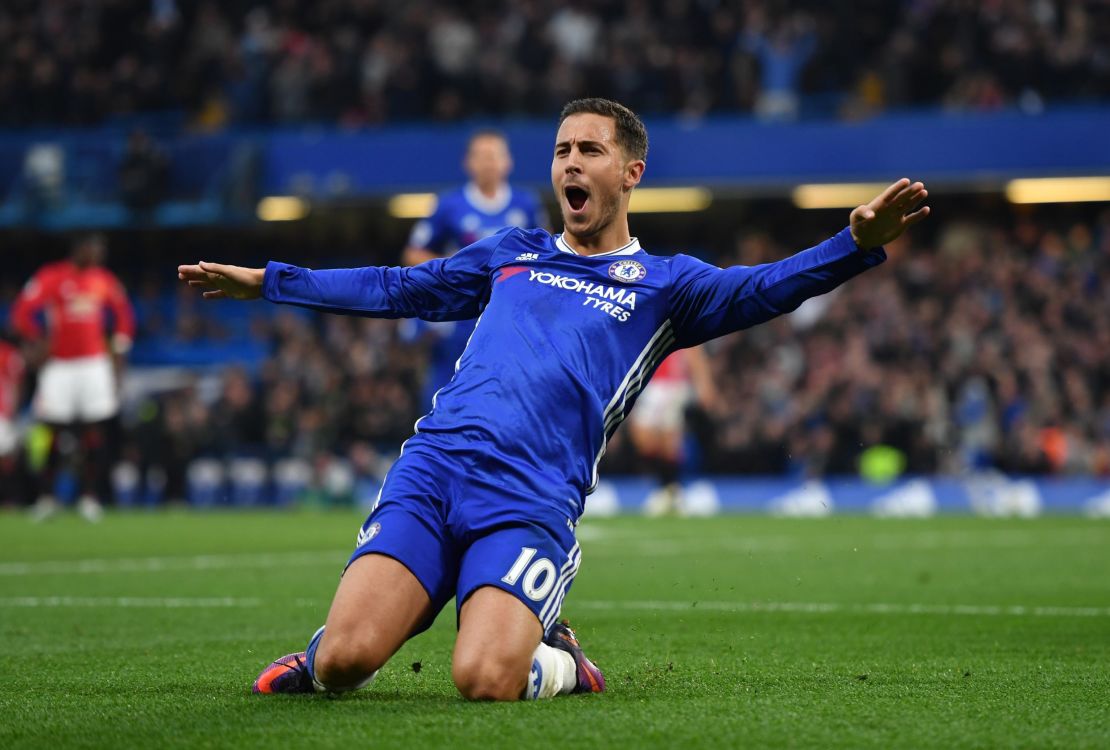 Man of the match Eden Hazard put the game out of reach for Manchester United by scoring Chelsea's third. 