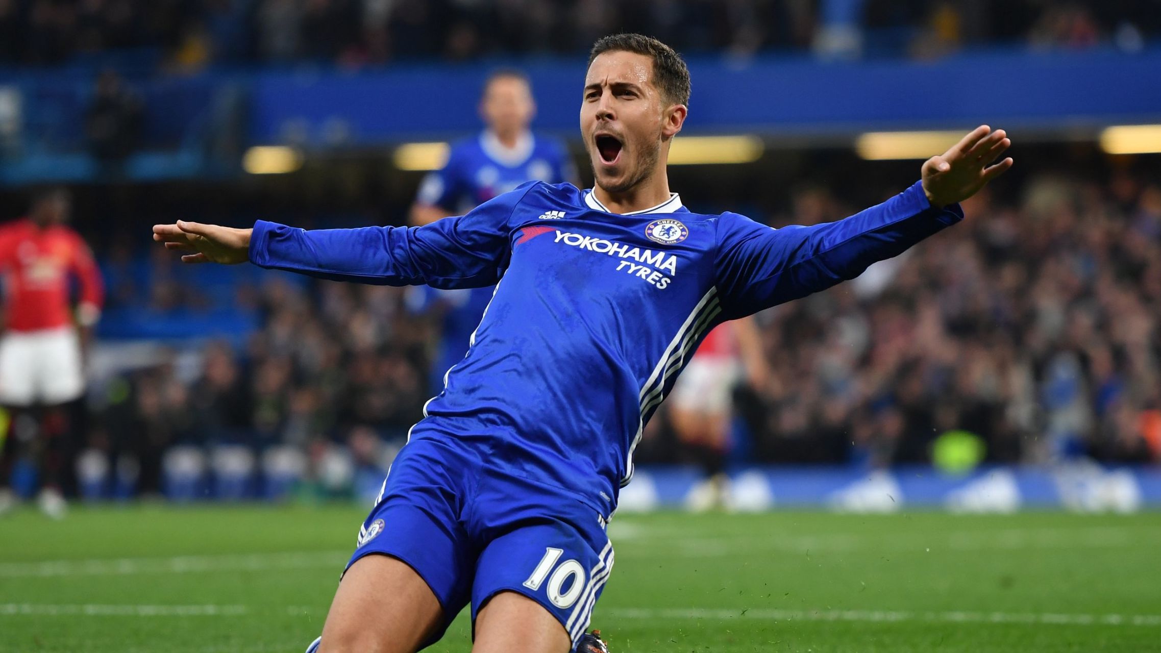 Man of the match Eden Hazard put the game out of reach for Manchester United by scoring Chelsea's third. 