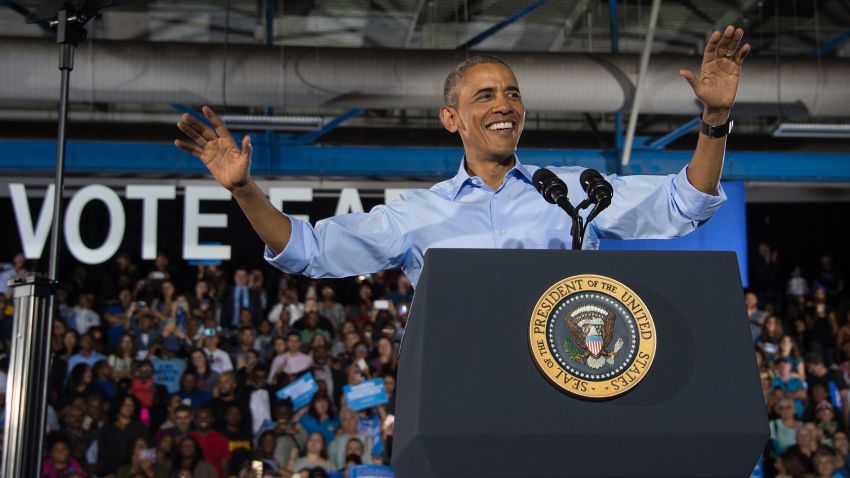 President Barack Obama speaks at a campaign event for Democratic presidential candidate Hillary Clinton in Las Vegas on October 23, 2016.