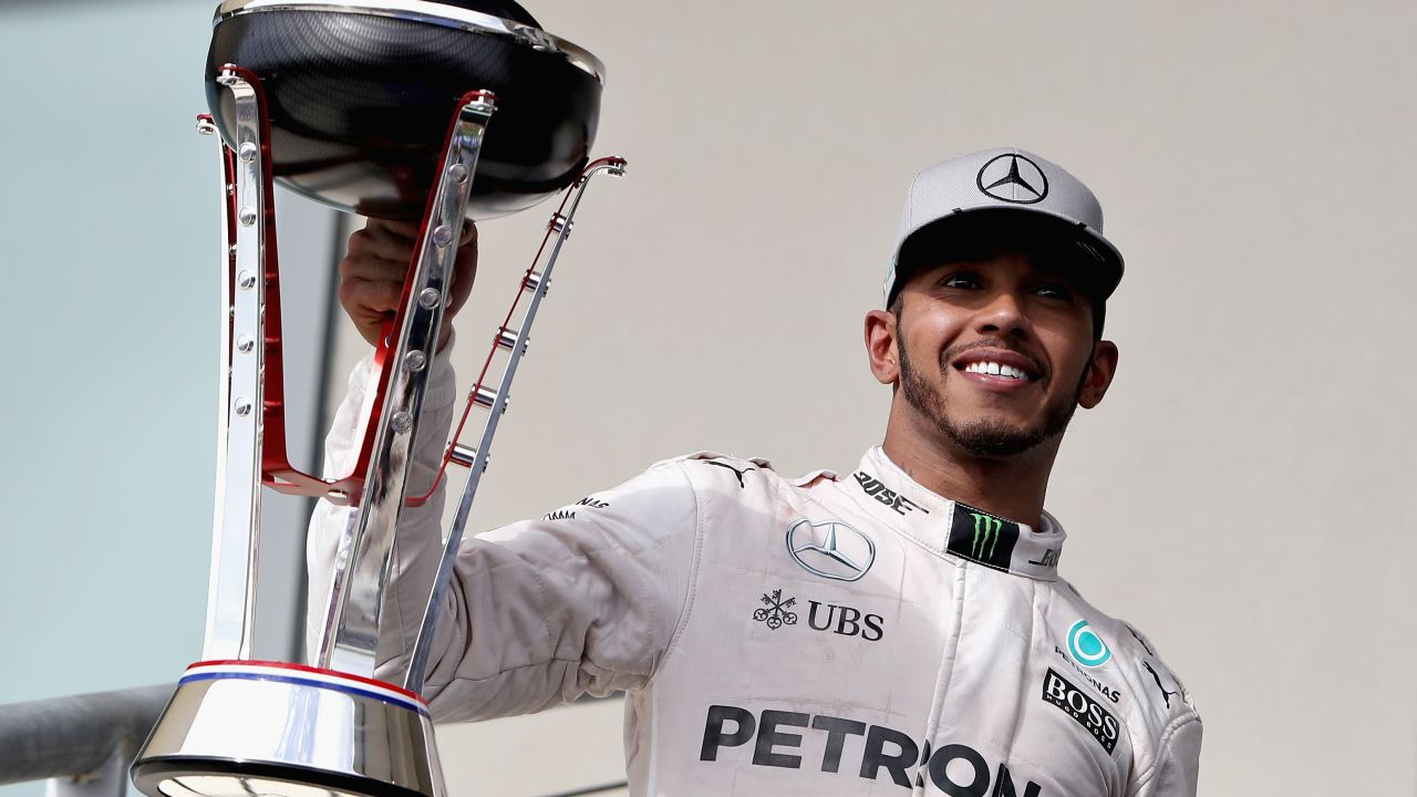 Lewis Hamilton lifts the trophy after a superb victory at the Circuit of The Americas.