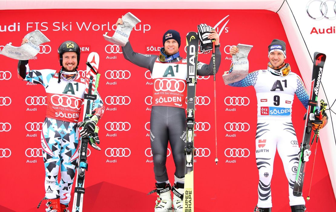 From left to right, Marcel Hirscher, Alexis Pinturault and Felix Neureuther. The trio made up the podium in the first race of the 2016 Alpine Skiing World Cup.