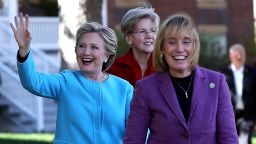 (L-R)  Democratic presidential nominee former Secretary of State Hillary Clinton, U.S. Sen Elizabeth Warren (D-MA) and New Hampshire Gov. Maggie Hassan greet supporters during a campaign rally at Saint Anselm College on October 24, 2016 in Manchester, New Hampshire. 