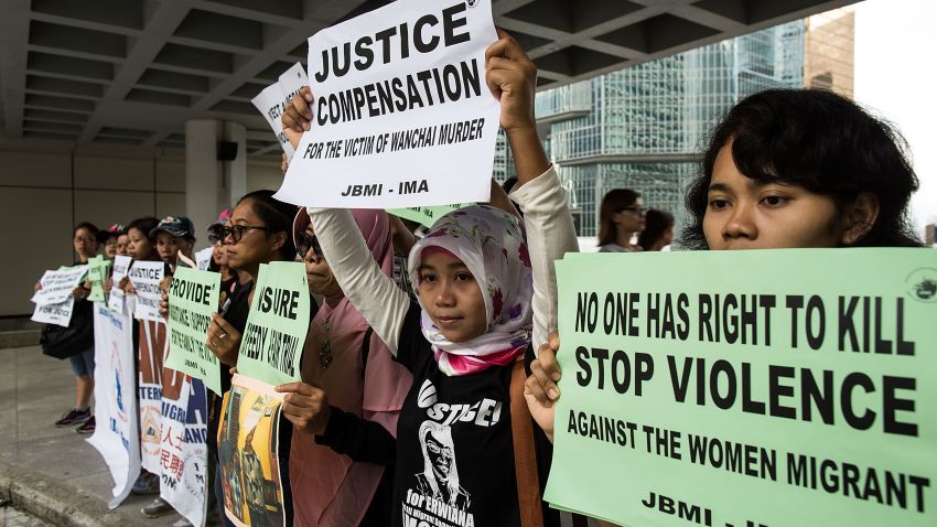 HONG KONG - OCTOBER 24:  Members of Asian Migrants Coordinating Body (AMCB) protest outside the High Court on October 24, 2016 in Hong Kong, Hong Kong. Rurik Jutting, a former banker with Bank of America Merrill Lynch, stands accused of  murdering two Indonesian women whose bodies were found mutilated in his upscale apartment flat in November 2014 in the Wan Chai district of Hong Kong, according to published reports.  (Photo by Lam Yik Fei/Getty Images)
