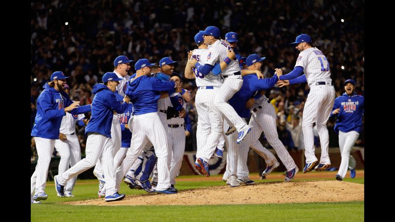 The Chicago Cubs celebrate after <a href="index.php?page=&url=http%3A%2F%2Fwww.cnn.com%2F2016%2F10%2F22%2Fus%2Fchicago-cubs-world-series-bid%2F" target="_blank">winning the National League pennant</a> on Saturday, October 22. They will be playing in the World Series for the first time since 1945.
