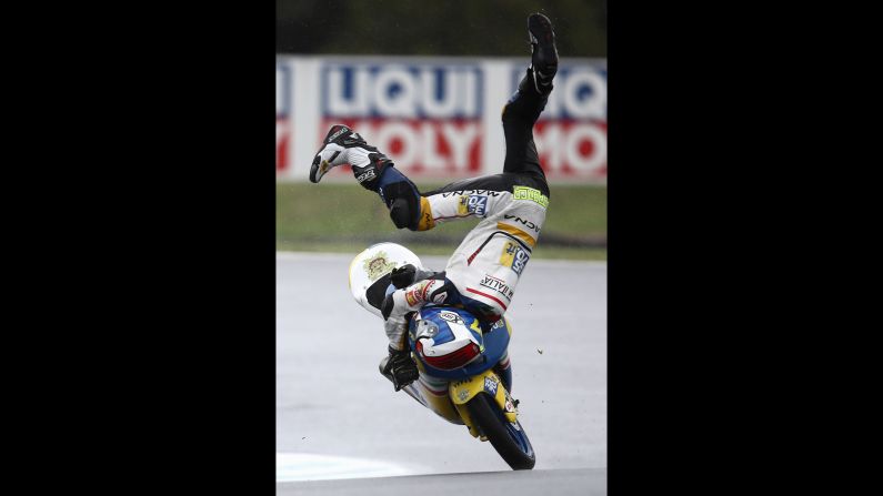 Lorenzo Petrarca crashes during a Moto3 practice on Australia's Phillip Island on Friday, October 21. He was not seriously hurt.