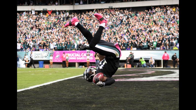 Philadelphia's Josh Huff flips over after he returned a kickoff for a touchdown on Sunday, October 23. The Eagles defeated Minnesota -- the NFL's last unbeaten team -- 21-10.