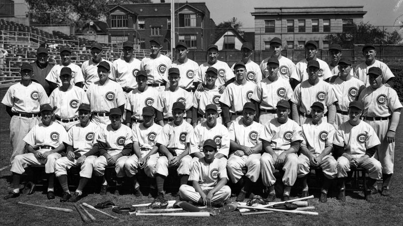 The Chicago Cubs pose for a team portrait prior to the World Series against the Detroit Tigers on October 1, 1945.<br />