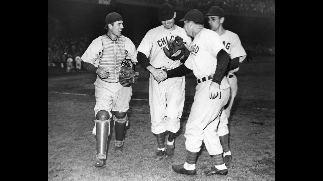 Cubs catcher Mickey Livingston, left, and pitcher Claude Passeau react after game three of the 1945 World Series.<br /><br /><br />
