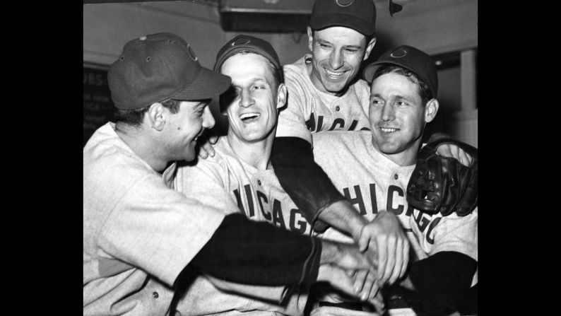 Cubs players Phil Cavarretta, Hank Borowy, Andy Pafko, and Bill Nicholson pose for a photo during game four.