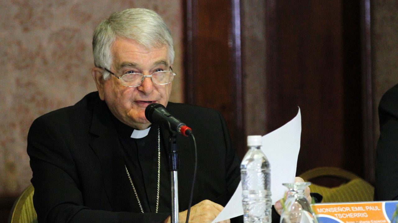 The Vatican's representative Monsignor Emir Paul Tscherrig speaks during a meeting in Caracas on October 24, 2016. 