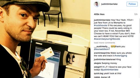 Justin Timberlake captures a selfie while voting Monday in Memphis.