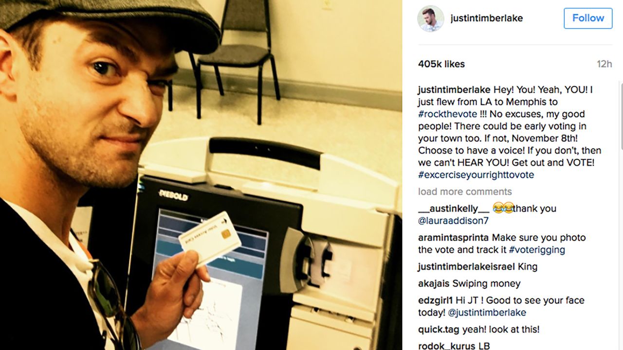 Justin Timberlake captures a selfie while voting Monday in Memphis.