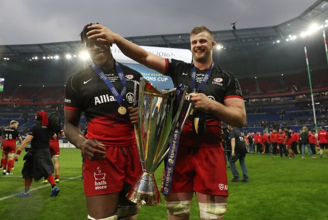 With his club Saracens, Itoje has won two English Premiership titles, the European Champions Cup and the LV= Cup. Here, he celebrates European glory with fellow England lock George Kruis.