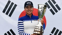 EVIAN-LES-BAINS, FRANCE - SEPTEMBER 18:  In Gee Chun of Korea holds the trophy after winning The Evian Championship on September 18, 2016 in Evian-les-Bains, France.  (Photo by Stuart Franklin/Getty Images)