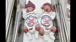Unidentified babies wear World Series onesie at the Cleveland Clinic's Fairview Hospital in Cleveland on Tuesday, October 25. Newborn babies at the Cleveland hospital have joined the ranks of the Cleveland Indians' fans. The clinic says babies born today and throughout the World Series at several of its hospitals will be dressed in the outfits to help cheer on the Indians' quest for a championship as they take on the Chicago Cubs.