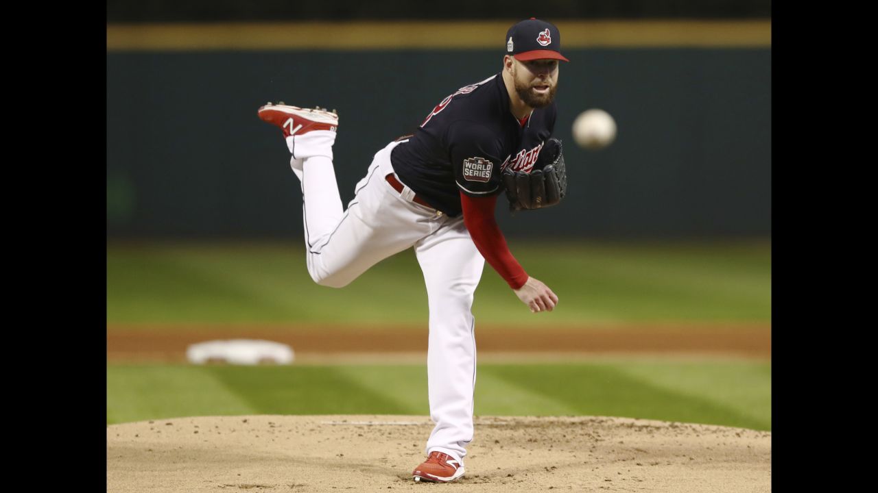 Cleveland starting pitcher Corey Kluber throws a pitch. Kluber set a World Series record with eight strikeouts in the first three innings in Game 1.