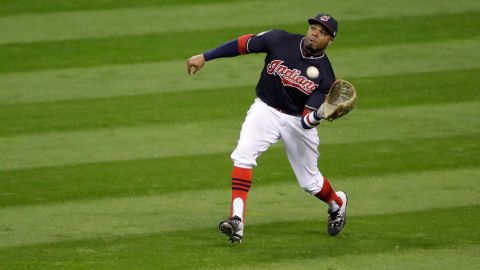 Cleveland outfielder Rajai Davis catches a ball hit by the Cubs' Willson Contreras in Game 1.