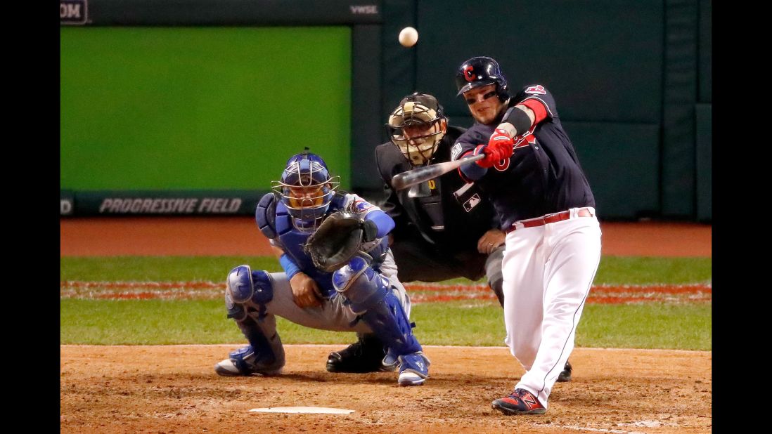 Cleveland's Roberto Perez hits a three-run homer in Game 1.