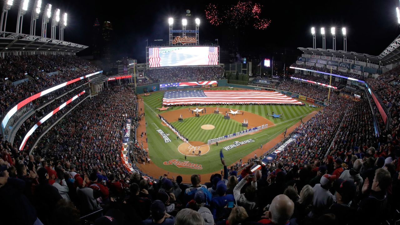 Fireworks explode over Progressive Field in Cleveland prior to Game 1.