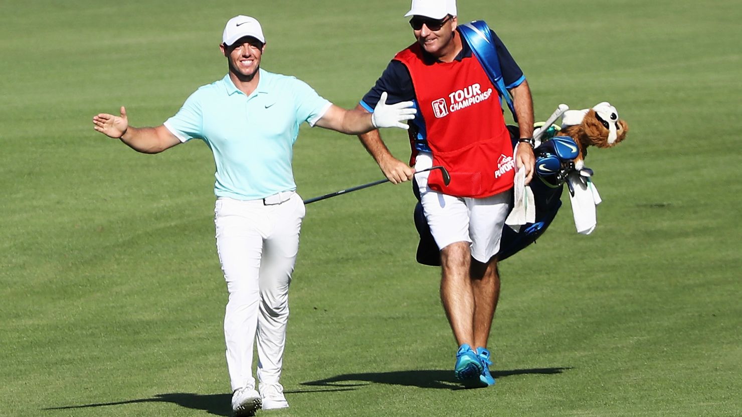 McIlroy and caddy J.P. Fitzgerald celebrate after an eagle at the Tour Championship in September.