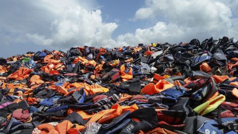 Cheap lifejackets piled up on the Greek island of Lesbos, one of the main destinations for boats from Turkey.