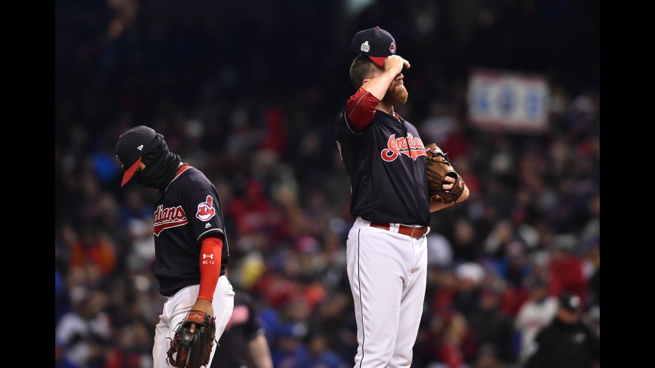 Relief pitcher Zach McAllister and shortstop Francisco Lindor of the Indians react during fifth inning in Game 2.
