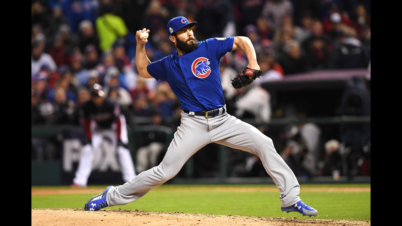 Jake Arrieta of the Cubs throws a pitch during the fourth inning of Game 2. He had a no hitter through five innings.
