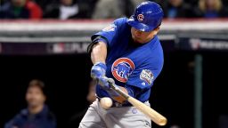 CLEVELAND, OH - OCTOBER 26:  Kyle Schwarber #12 of the Chicago Cubs hits an RBI single to score Anthony Rizzo #44 (not pictured) during the third inning against the Cleveland Indians in Game Two of the 2016 World Series at Progressive Field on October 26, 2016 in Cleveland, Ohio.  (Photo by Jason Miller/Getty Images)