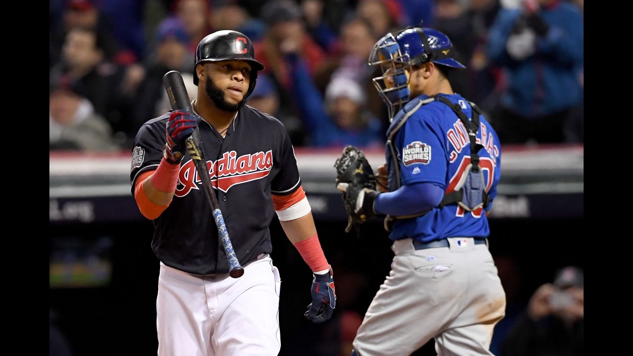 Designated hitter Carlos Santana of the Indians reacts after striking out during the seventh inning in Game 2.