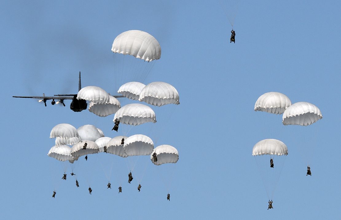 Polish troops land with parachutes in June as part of the NATO Anaconda 16 military exercise. 
