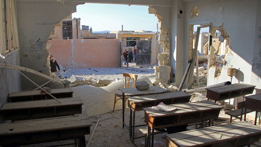 An abandoned classroom after it was hit with airstrikes on Wednesday in the Syrian village of Hass.