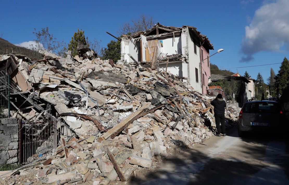 A completely destroyed house in the small town of Visso in central Italy after a 5.9 earthquake destroyed part of the town. 
