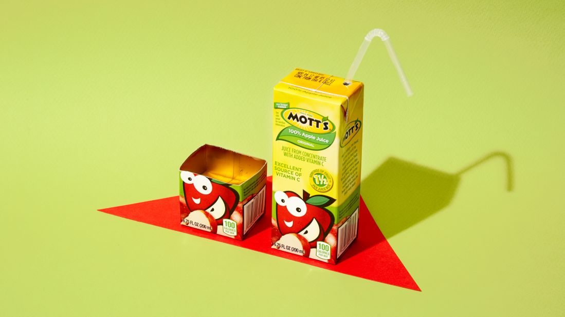 For a 6.75-ounce carton of Mott's apple juice, one plus another two-fifths of a carton equals 33 grams of sugar.