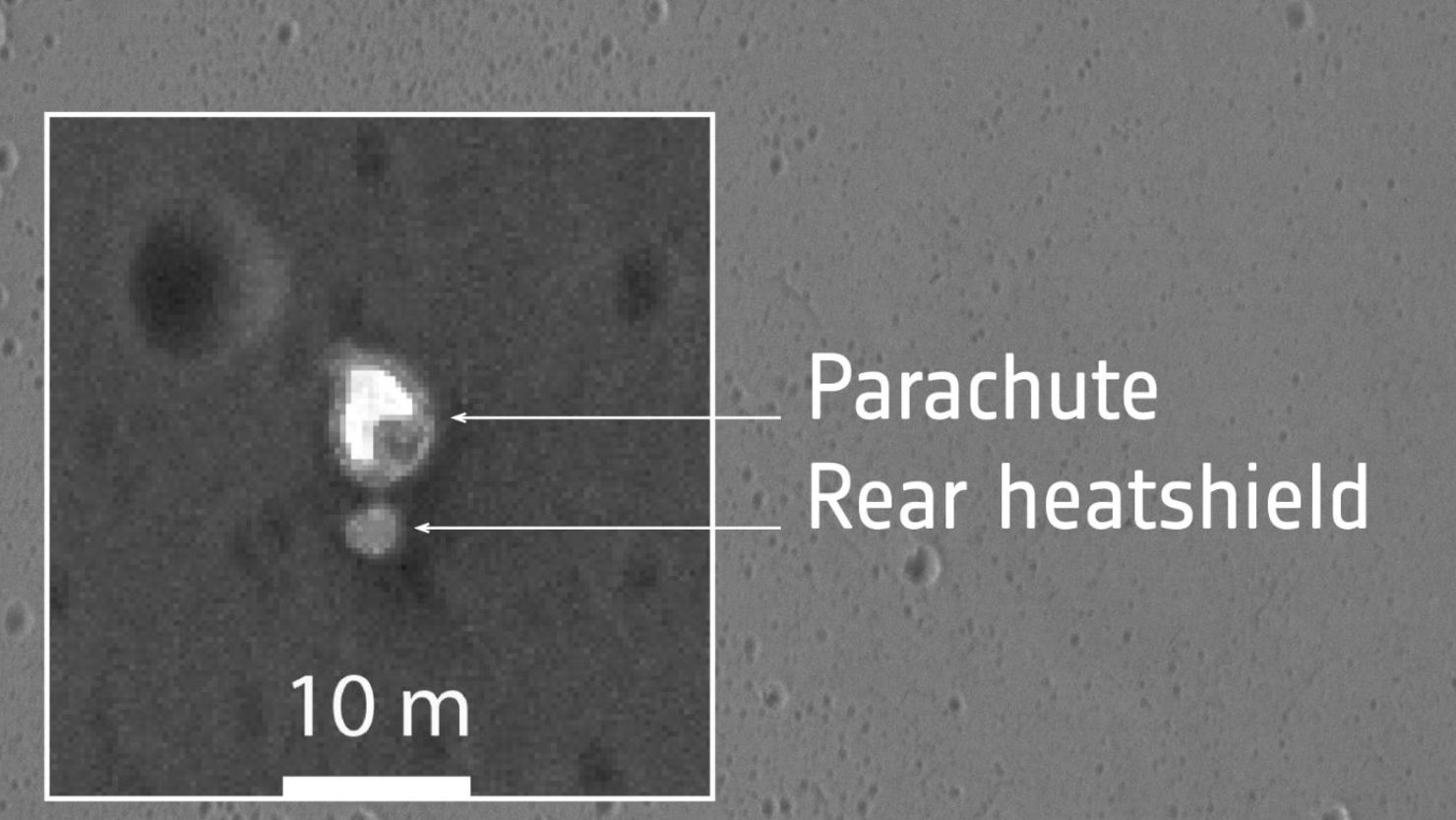 The zoomed insets provide close-up views of what are thought to be several different hardware components associated with the Schiaparelli module's descent to the martian surface.