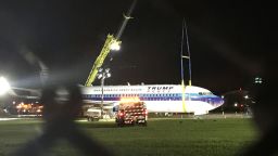 Emergency crews are working to remove the plane Republican vice presidential nominee Mike Pence was riding in as it skidded off the runway Thursday night at LaGuardia Airport in New York.