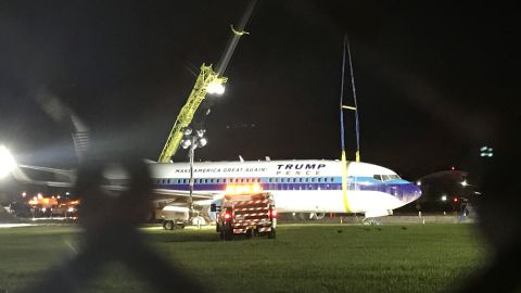 Emergency crews are working to remove the plane Republican vice presidential nominee Mike Pence was riding in as it skidded off the runway Thursday night at LaGuardia Airport in New York.