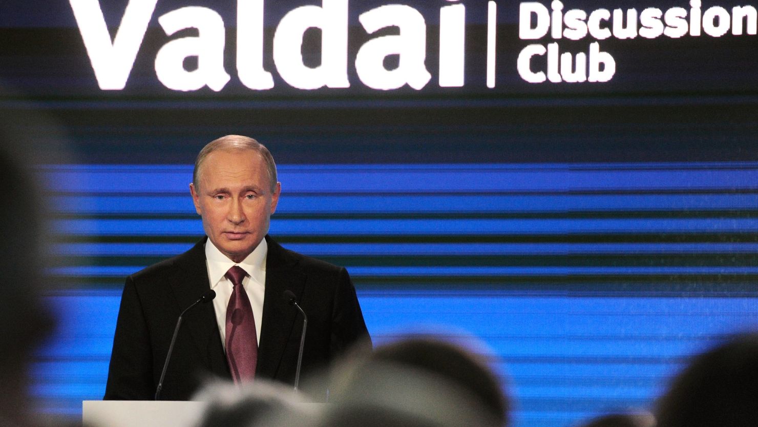 President Putin gives a speech during a meeting of political scientists in Sochi on Thursday. 