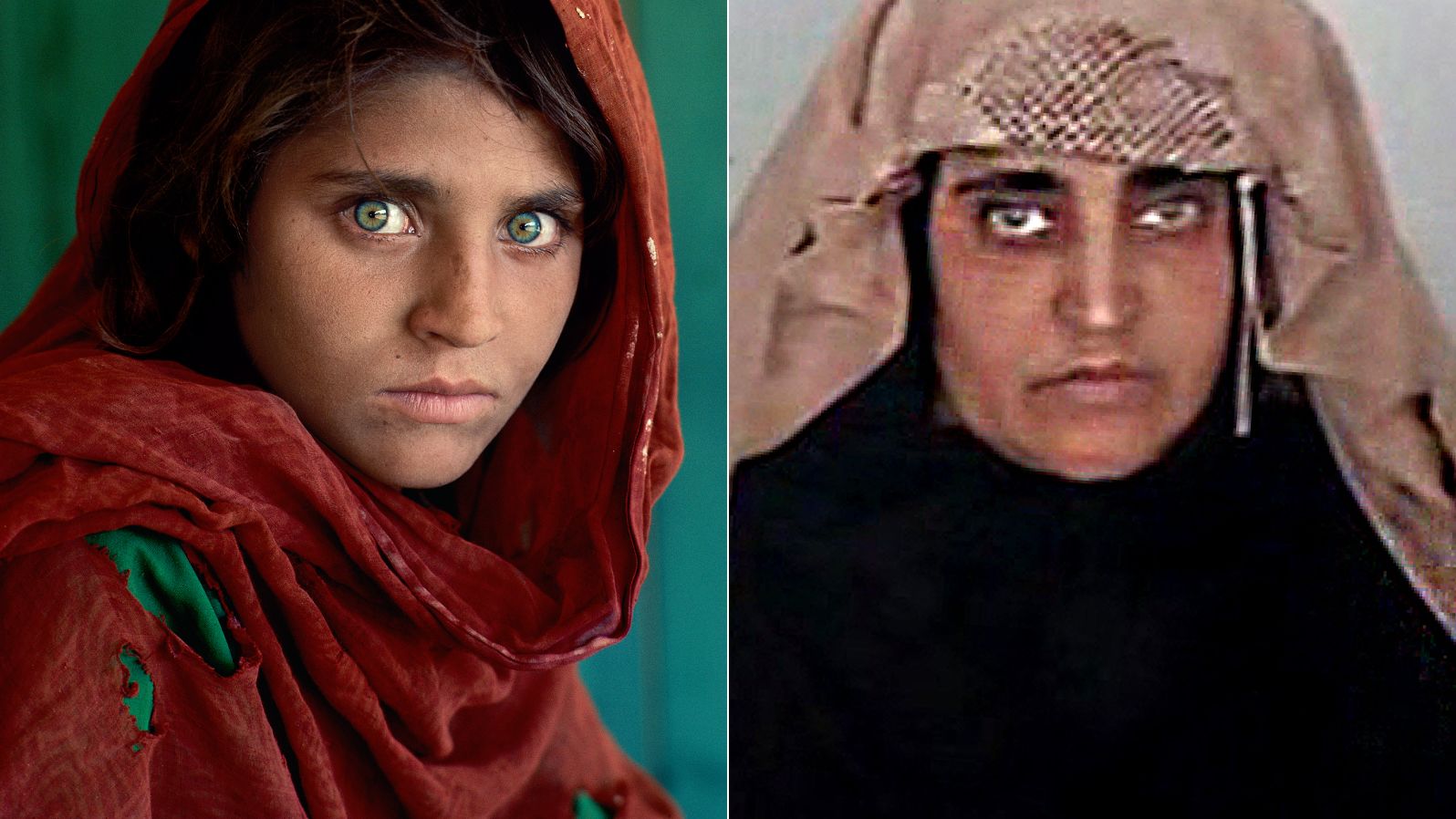 "Afghan Girl" Sharbat Gula in her famous National Geographic portrait, left, and, right, after her arrest Tuesday October 25