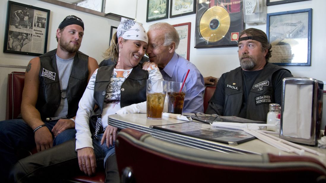 Biden talks to some bikers at a Seaman, Ohio, diner in September 2012.