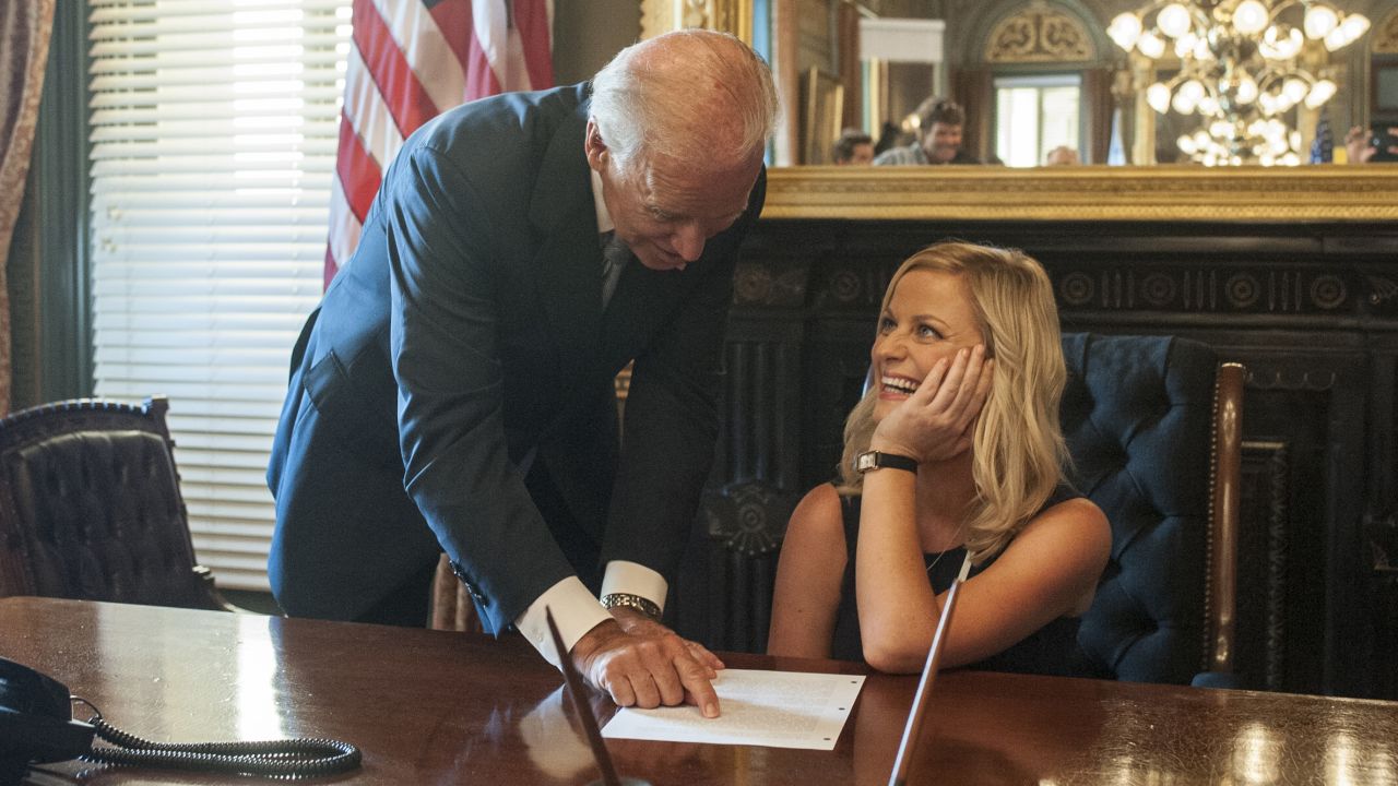 Biden makes a cameo in the TV show "Parks and Recreation" in 2012. The show's main character, played by Amy Poehler, touched Biden's face and laughed awkwardly when they met.