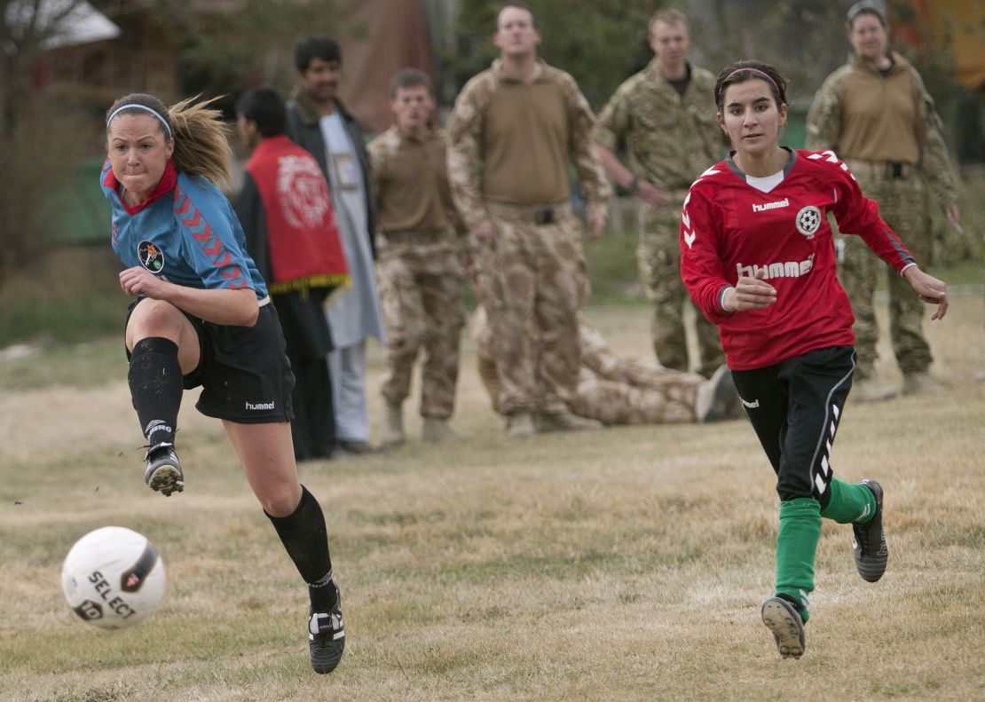 Afghan women practising on the NATO field.