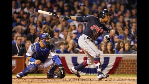 Francisco Lindor of the Indians hits a single in the fourth inning in Game 3.
