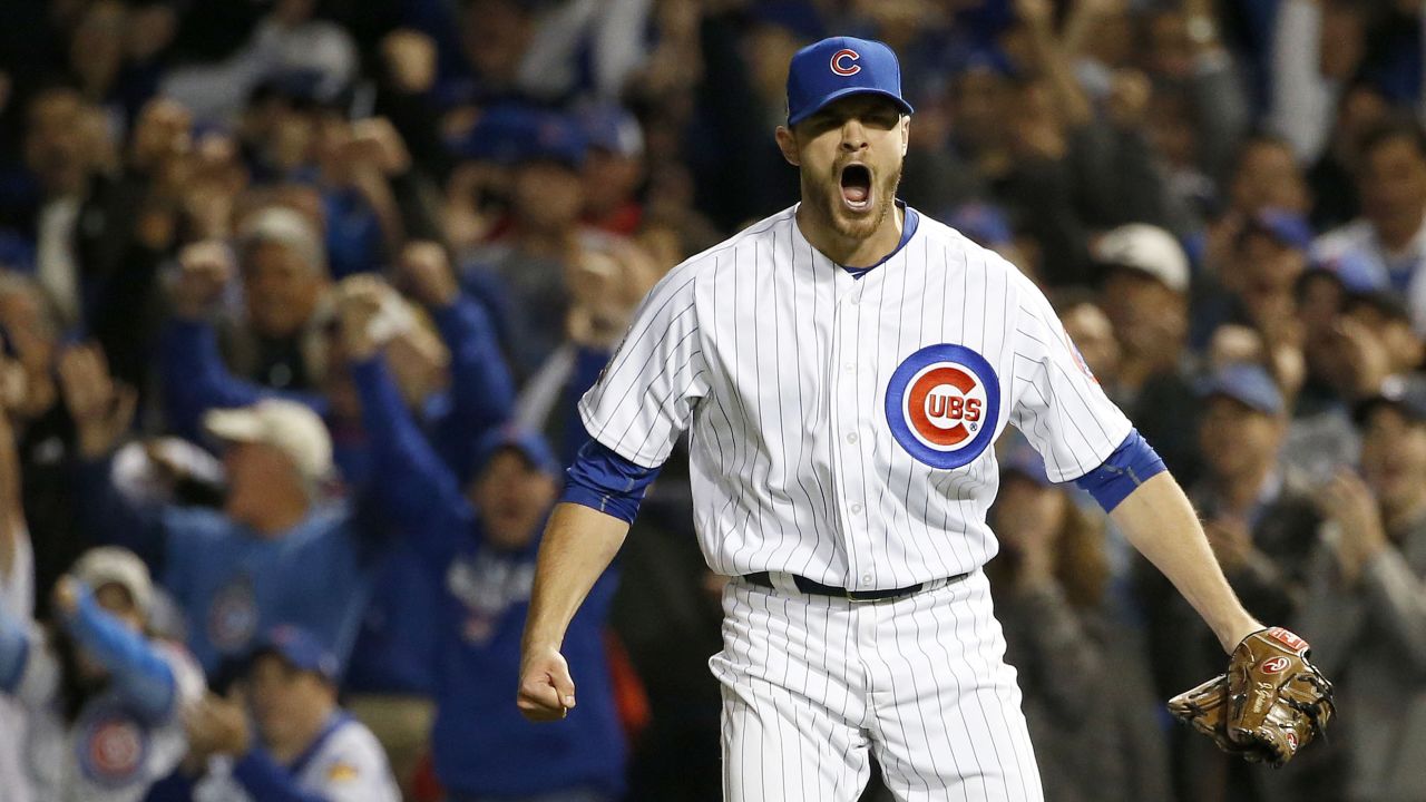 Justin Grimm of the Cubs reacts after a double play during the fifth inning in Game 3.