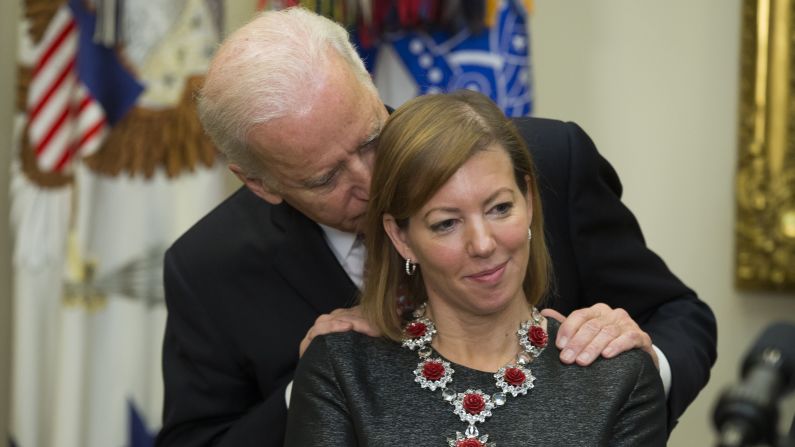 Biden talks to Stephanie Carter as her husband, Ashton Carter, delivers a speech at the White House in February 2015. Ashton Carter had just been sworn in as the country's new Secretary of Defense, but it was Biden's hands-on whisper <a href="index.php?page=&url=http%3A%2F%2Fwww.cnn.com%2F2015%2F02%2F17%2Fpolitics%2Fbiden-carter-whisper%2Findex.html" target="_blank">that went viral on social media.</a>