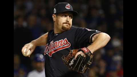Bryan Shaw of the Indians throws a pitch during the seventh inning in Game 3.