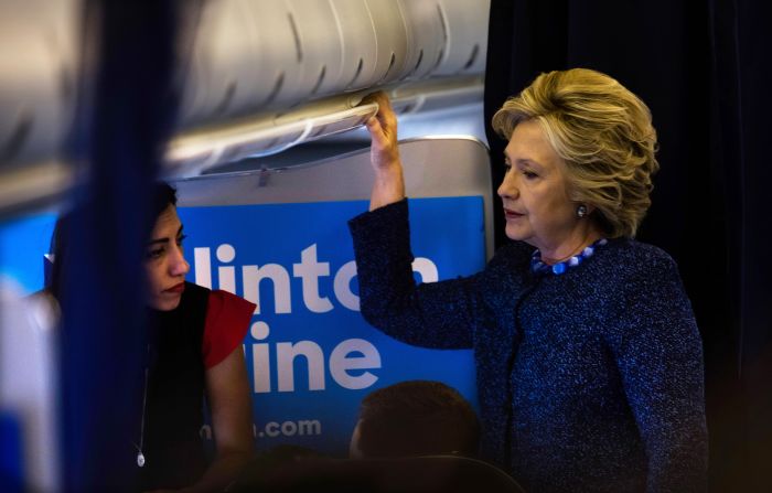 Clinton, right, and aide Huma Abedin stand aboard Clinton's campaign plane as they head to Cedar Rapids, Iowa, for a campaign rally on Friday, October 28. News broke during the flight that the FBI <a href="index.php?page=&url=http%3A%2F%2Fwww.cnn.com%2F2016%2F10%2F28%2Fpolitics%2Fhillary-clinton-anthony-weiner%2F" target="_blank">was reviewing new emails</a> related to Clinton's personal server, bringing an issue they had assumed was behind them back into the campaign. The emails being examined were part of an investigation into former U.S. Rep. Anthony Weiner, Abedin's estranged husband, who is accused of sexting with a girl who was purportedly underage. On November 6, FBI Director James Comey <a href="index.php?page=&url=http%3A%2F%2Fwww.cnn.com%2F2016%2F11%2F06%2Fpolitics%2Fcomey-tells-congress-fbi-has-not-changed-conclusions%2Findex.html" target="_blank">told lawmakers</a> that after reviewing the new emails, the agency stood by its opinion that Clinton should not face criminal charges.