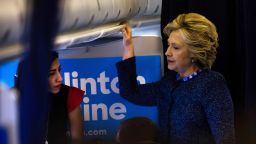 Democratic presidential candidate Hillary Clinton on the plane to Cedar Rapids, Iowa with Huma Abedin. Later in the day Mrs. Clinton had to deal with FBI announcement about further investigation into her emails. October 28, 2016.  