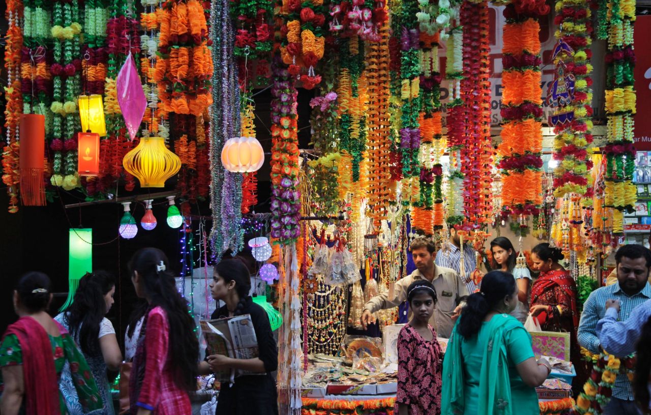 Lanterns and decorative items are on display at a market in Jammu, India, on October 29. 