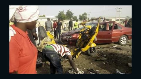 Emergency workers at the scene of Saturday's bomb blast in northeastern Nigeria.